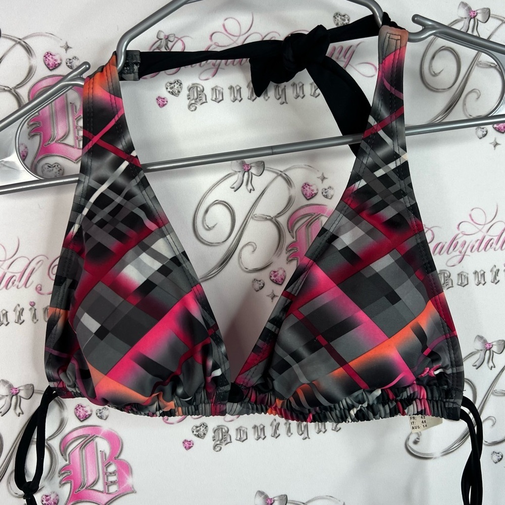 Hurley bikini top embroidered logo pink plaid stripes surf beach Pink halter Top